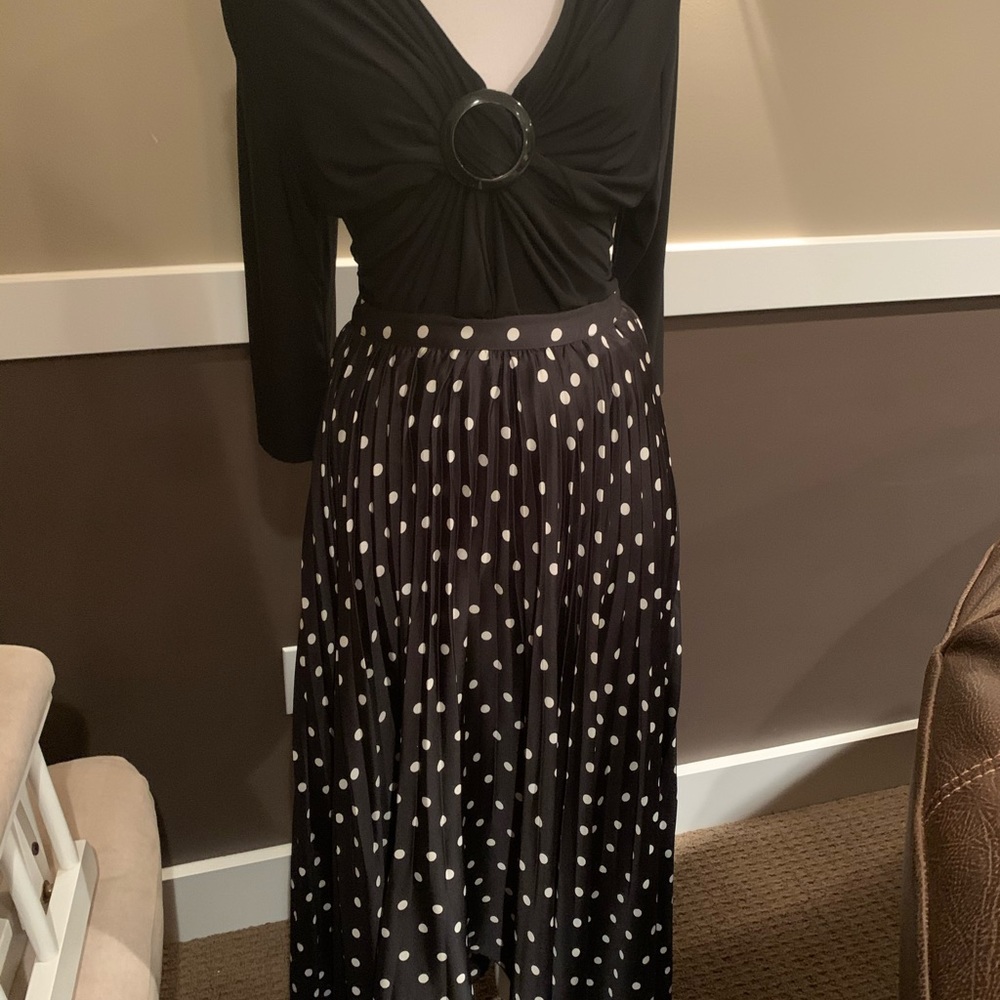Satin, pleated, polka dot skirt.